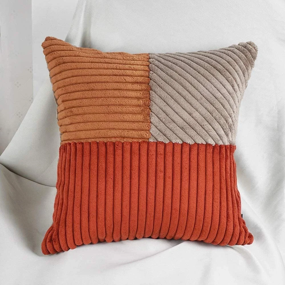 Luxury Home | Boho Orange & Beige Color Block Corduroy Stripe Throw Pillow Cover